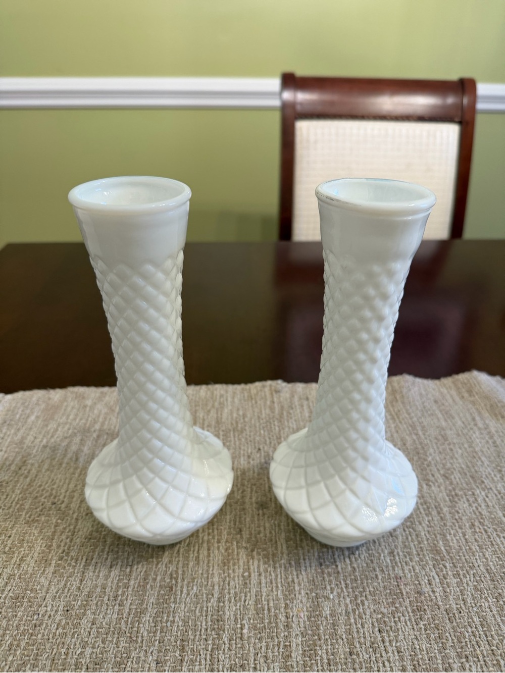 Set/2 Diamond Milk Glass Bud Vases